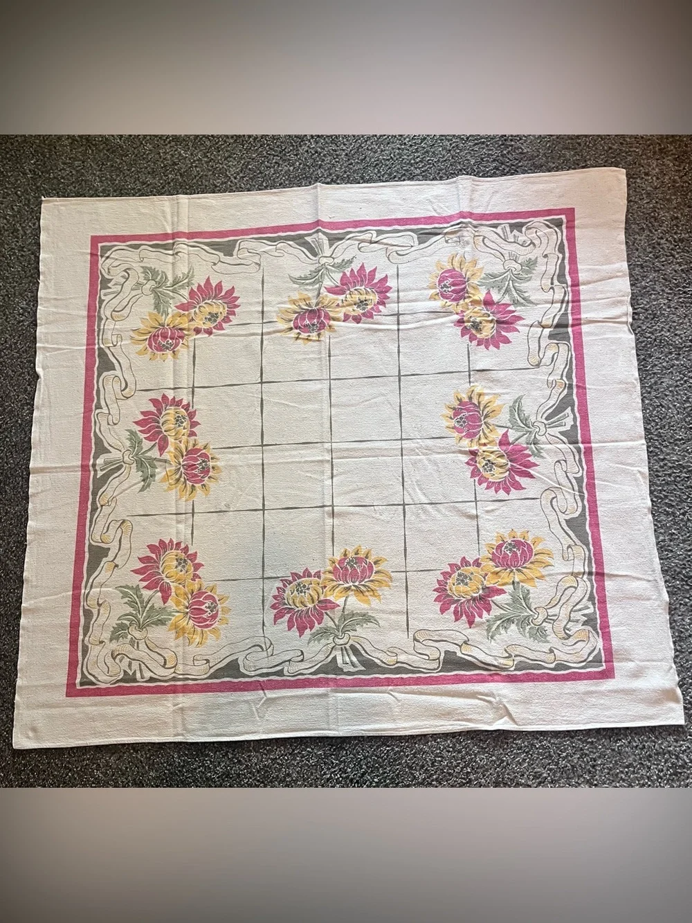 Set of 2 1950s tablecloths Pennsylvania PA Dutch Folk Art 56” Round & floral sq